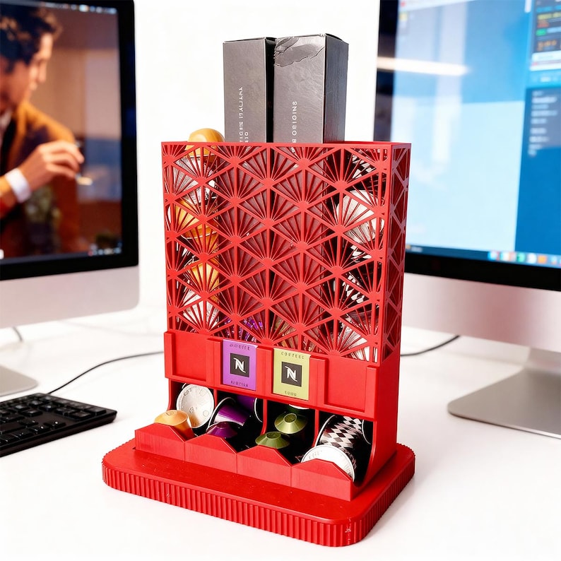 May include: A red coffee pod holder with a geometric fan-like design. The holder has multiple compartments for coffee pods and two boxes on top. The holder is on a white surface.