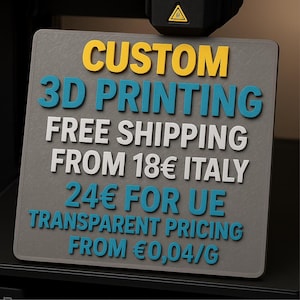 Può includere: Un cartello grigio con le parole "CUSTOM 3D PRINTING" in giallo e verde acqua. Il cartello include anche il testo "FREE SHIPPING" e "TRANSPARENT PRICING".