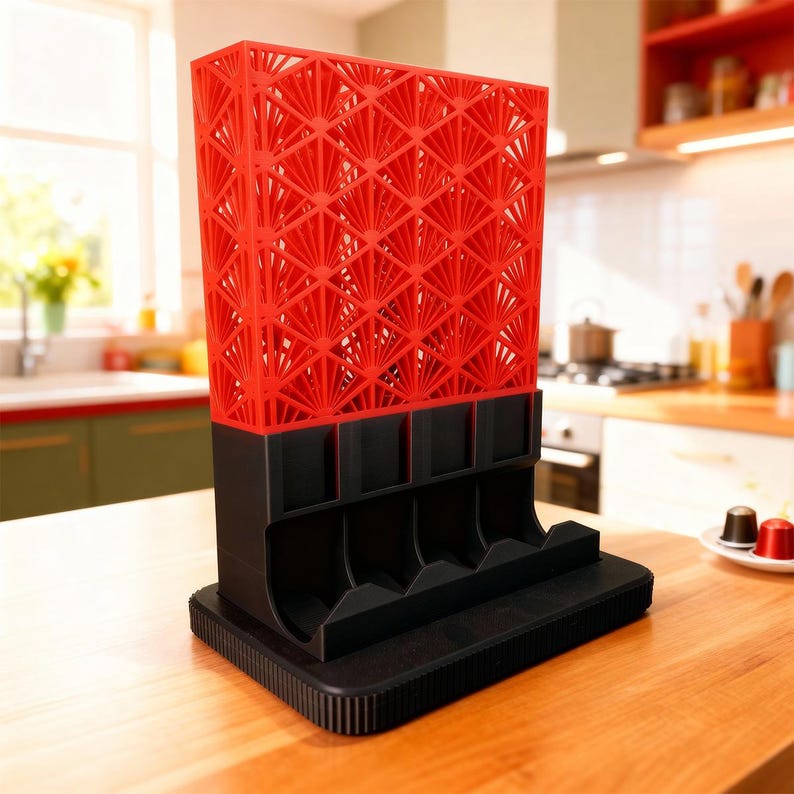 May include: A red and black coffee pod holder with a geometric fan-like design. The top section is red with a lattice pattern, and the base and pod slots are black. The holder sits on a wooden surface.
