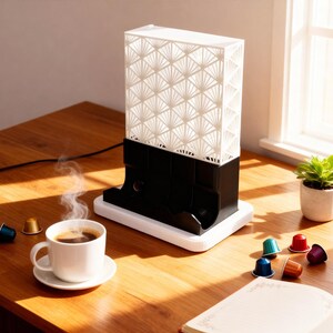 May include: A white and black coffee pod holder with a geometric design, next to a cup of coffee on a saucer. Several colorful coffee pods are scattered on the wooden surface, along with a small potted plant.