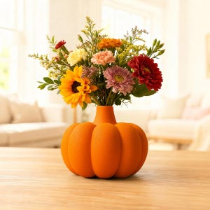 Puede incluir: Un jarrón naranja con forma de calabaza lleno de un colorido ramo de flores. El arreglo incluye un gran girasol amarillo, flores rojas, rosas y amarillas, y follaje verde. El jarrón está sobre una mesa de madera.