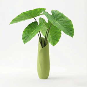 Könnte beinhalten: Eine grüne Vase hält mehrere große, leuchtend grüne Blätter. Die Vase hat ein einzigartiges, geschwungenes Design und eine glatte Oberfläche. Die Blätter haben ausgeprägte Adern und eine natürliche, organische Form. Die Gesamtästhetik ist modern und minimalistisch.