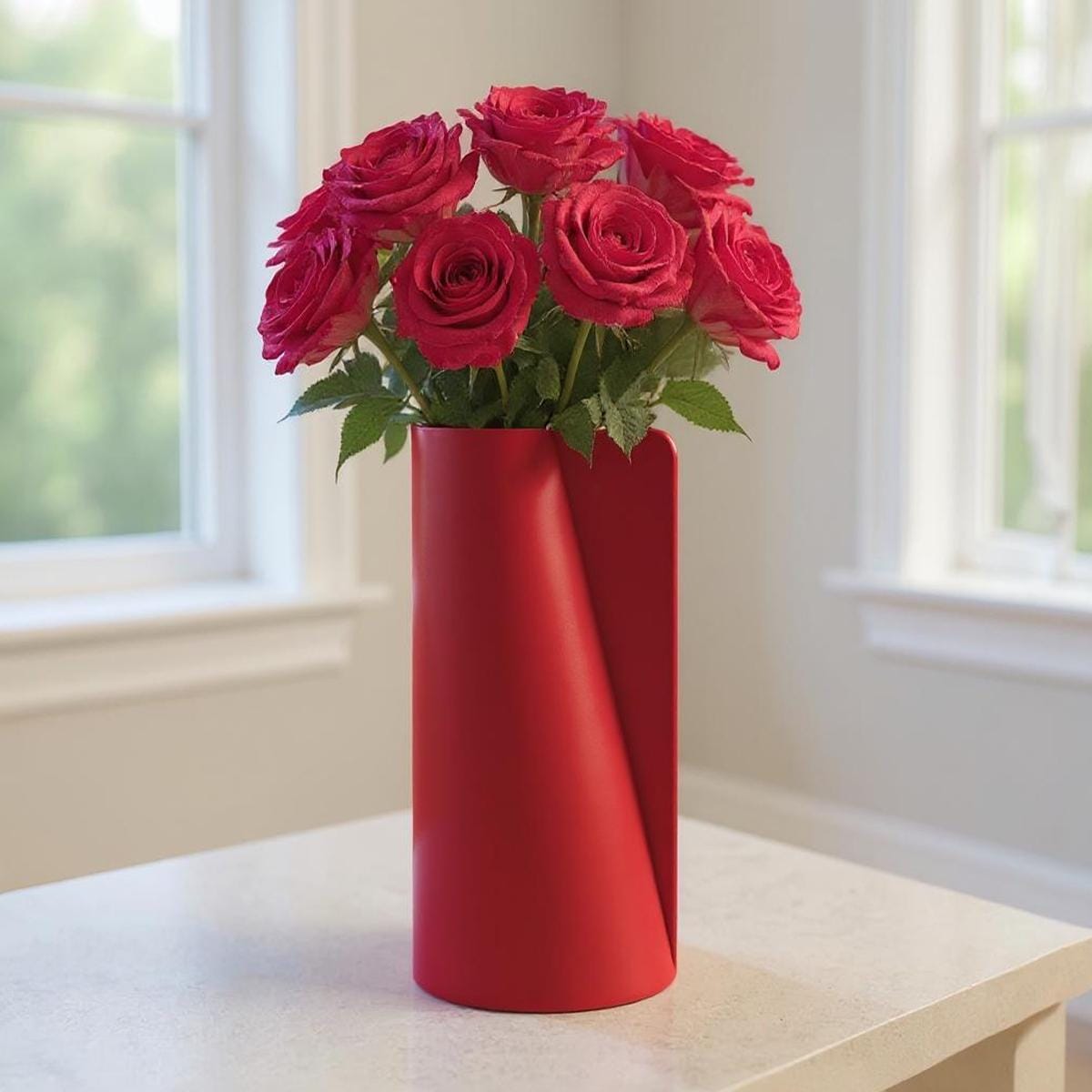 thumbnail: Set Van 2 Kunststof Gedenkbloemen Voor Graf - Rode Rozen Met Vaas, Zon- En Waterbestendig, 48 Cm Hoog