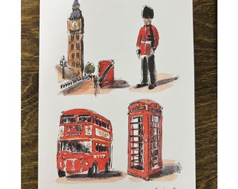 Set of 7 London Art Postcards – Sketch Style Big Ben, Red Bus, Phone Booth