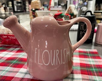 Rae Dunn FLOURISH Pink Ceramic Watering Can by Magenta EUC Plant Decor