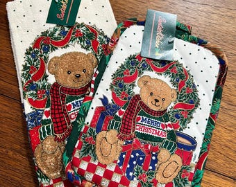 Vintage 1990s Christmas Teddy Bear Linen Set: Hand Towel, Washcloth & Pot Holder