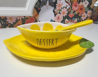 NWOT Rae Dunn Lemon Theme Appetizer/Dessert Plate, Bowl and Spoon (3 Piece Set)