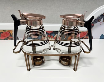 Vintage Mid Century Coffee Carafe Set Copper Lids Glass Pots with Warmer Stand