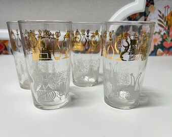 Vintage Federal Glass Tumblers – Set of 4 | Mid-Century Gold & White Barware | Retro Drinking Glasses