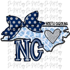 May include: A blue and white polka dot bow with a gray center is placed over a blue and white outline of the state of North Carolina. The state outline has a gray heart with white polka dots in the center. The letters "NC" are in large blue letters with white outlines.
