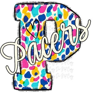 May include: A colorful, abstract, leopard print design with the word "Pacers" in white text. The design is in the shape of the letter "P".
