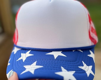 Red Striped Mesh, Blue Stars Trucker Hat, Blank Trucker, Foam Cap, Foam Trucker