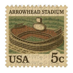 May include: A vintage-style postage stamp featuring Arrowhead Stadium, with the text "ARROWHEAD STADIUM" at the top and "USA 5c" at the bottom. The stadium is depicted in brown and red tones, with a green field.