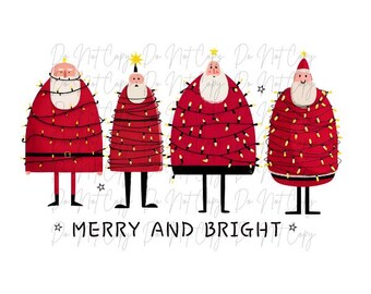 Christmas, Santas Wrapped in Christmas Lights, Merry and Bright DTF Transfer, Iron on, Ready to Press (Christmas, Winter, Tradition)