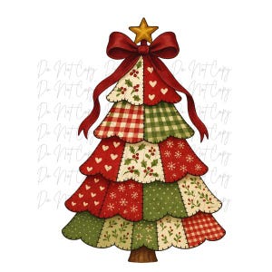 May include: A decorative Christmas tree design with a patchwork pattern. The tree features red, green, and white sections with hearts, holly, and snowflake motifs. A red bow and gold star adorn the top. The words "Do Not Copy" are watermarked on the image.