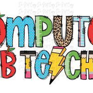 May include: A colorful graphic with the words "COMPUTER LAB TEACHER" in large, playful letters. The letters feature various patterns, including leopard print, polka dots, and notebook paper designs, with apple and pencil accents.