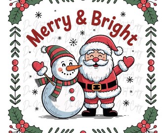 Christmas, Framed Merry & Bright with Santa and a Snowman DTF Transfer, Iron on, Ready to Press (Christmas, Winter, Tradition)