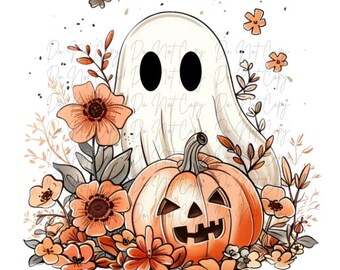 Fall, Halloween, Boho Ghost with Jack O' Lantern DTF Transfer, Iron on, Ready to Press (Fall, Halloween, Spooky, Trick or Treat)