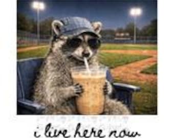 Baseball DTF, Racoon Drinking Iced Coffee, I Live Here Now Baseball Field Transfer, Ready to Press, Iron On Transfer, Baseball Season