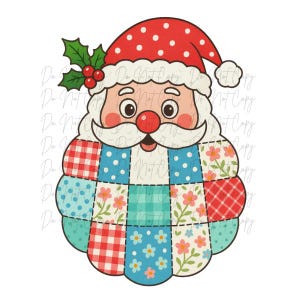 May include: A cartoon Santa Claus face with a red polka-dot hat and a patchwork beard. The beard features squares of blue polka dots, floral patterns, and red gingham. A sprig of holly with red berries adorns the hat.