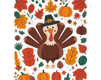 Thanksgiving Turkey DTF Transfer, Ready to Press, Fall Leaves