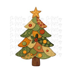 May include: A decorative Christmas tree illustration with a patchwork design. The tree features various green, orange, and red patterned fabric pieces, adorned with orange circles and a gold star on top. A holly sprig is at the center.