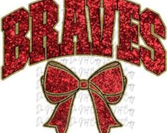 Braves Mascot, Faux Glitter Ribbon Transfer, DTF, Iron on Ready to Press (Red and Gold)
