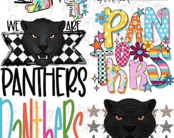 May include: A digital sheet of multiple graphic designs featuring panthers, the word Panthers, and the word Spirit. The designs include colorful letters, checkered patterns, stars, flowers, and illustrations of black panthers in various styles.