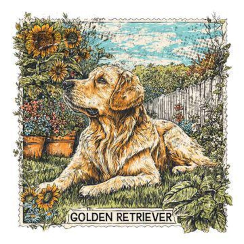 Vintage Postage Stamp, Golden Retriever DTF Transfer, Iron On, Ready to ...