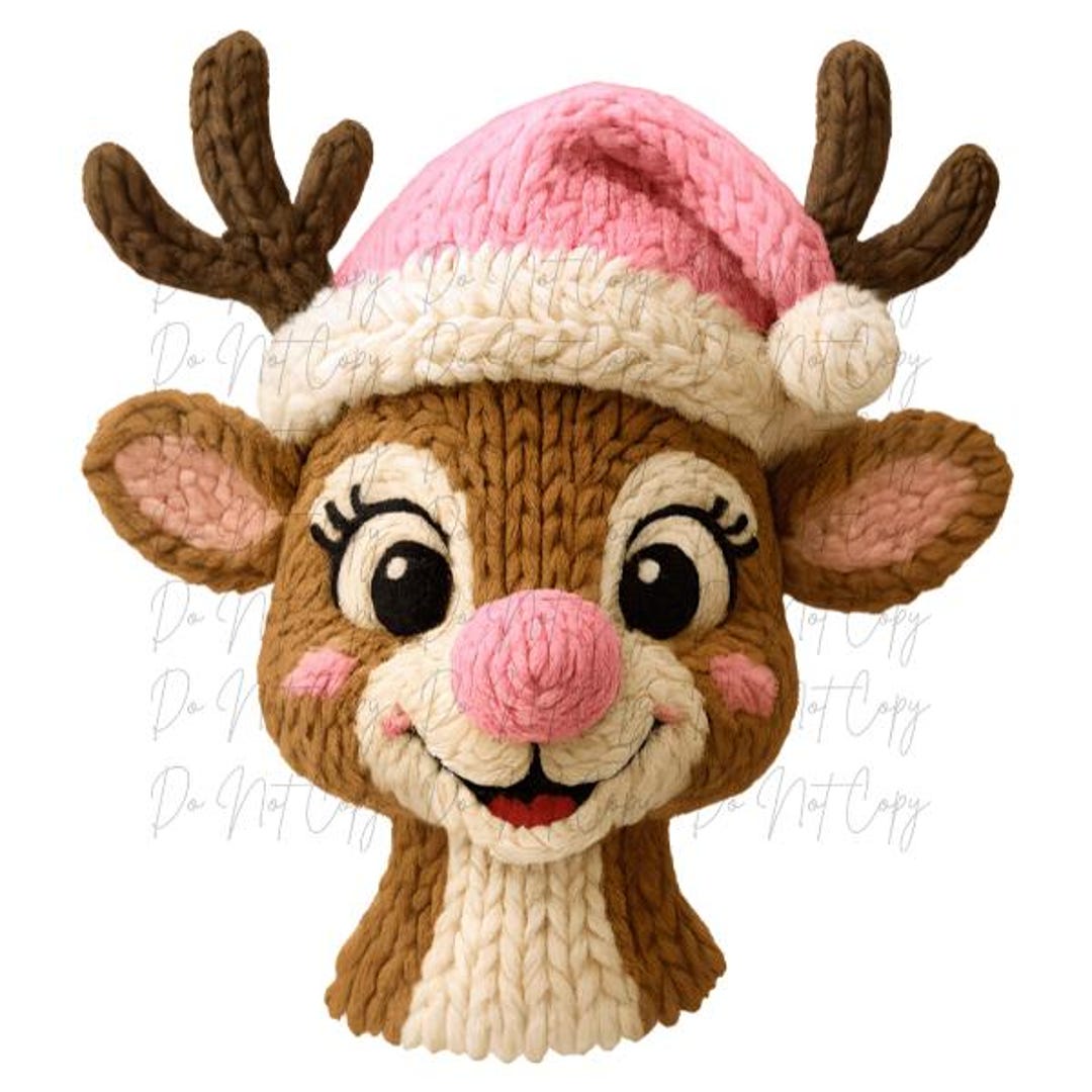 Christmas, Faux Crochet, Rudolf With Pink Hat DTF Transfer, Iron On ...