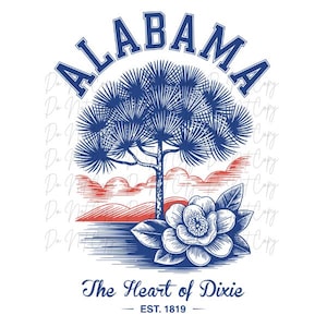 May include: A graphic design featuring the word "ALABAMA" in blue block letters above a detailed illustration of a tree, a magnolia flower, and the text "The Heart of Dixie" with "EST. 1819" below. The design is in blue, red, and white.