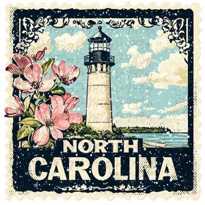 May include: A vintage-style North Carolina postage stamp design. It features a lighthouse, pink flowers, and the text "NORTH CAROLINA" in a bold font. The background shows a blue sky with clouds and a body of water.