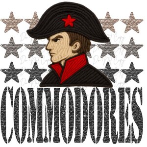 May include: Digital graphic featuring a stern-faced man in a black hat with a red star and red collar, surrounded by star shapes. The word "COMMODORES" is printed in a distressed font below the portrait.