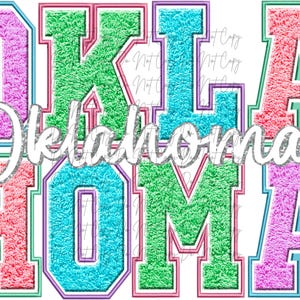Oklahoma Faux Chenille Lettering, Oklahoma Transfer, DTF, Iron on Ready to Press, State DTF