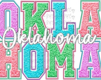 Oklahoma Faux Chenille Lettering, Oklahoma Transfer, DTF, Iron on Ready to Press, State DTF