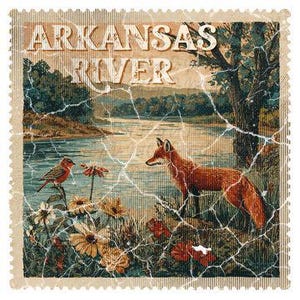 May include: A vintage-style postage stamp illustration featuring a red fox and a small bird near a river. The stamp reads "ARKANSAS RIVER" in a distressed font, with a scenic background of trees and water. The stamp has a textured, aged appearance.