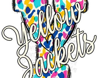 May include: A colourful graphic design featuring a large letter "Y" with a blue, pink, yellow and white animal print pattern. The text "Yellow Jackets" is written in a white cursive font around the letter.
