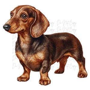 May include: A detailed illustration of a dachshund dog in a standing pose. The dog has a brown and black coat, with long ears and a short, stout body. The artwork is rendered with fine lines and shading, giving it a realistic appearance.