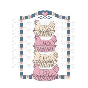 May include: A decorative illustration featuring four chickens in baskets stacked vertically. The chickens are in shades of pink and cream, with a blue and pink border adorned with hearts. The top of the frame has a pink heart and decorative elements.