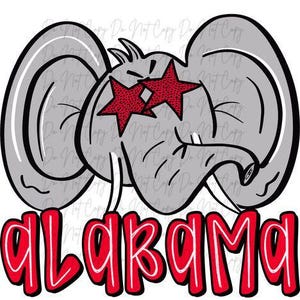 May include: A gray cartoon elephant with red star-shaped eyes and the word "ALABAMA" in red, outlined in white, below. The elephant has large ears and a trunk, with black outlines.