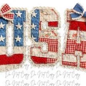 May include: Patriotic USA letters in red, white, and blue patchwork fabric, each adorned with a decorative bow. The letters are outlined with a cream-colored lace trim, creating a festive and handcrafted appearance. The design celebrates American pride.