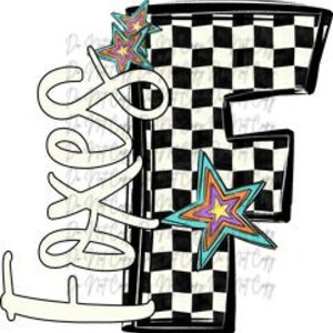 May include: A black and white checkered letter "F" with a cursive "Texas" overlay. The design includes colorful star accents in shades of blue, orange, and purple. The image is a digital graphic.