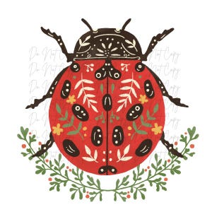 May include: A stylized illustration of a red ladybug with black and white decorative patterns. The ladybug has black legs and antennae, and is surrounded by green foliage with red berries. The design is on a white background.