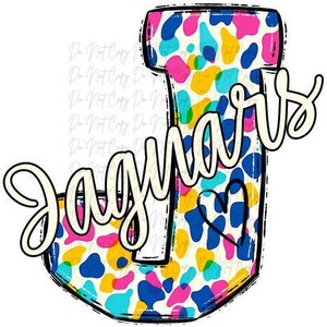 May include: A colorful graphic featuring the word "Jaguars" in a cursive font over a letter "J". The letter is filled with a pattern of blue, pink, yellow, and teal spots. A black heart is included.