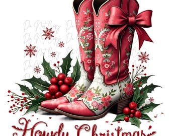 Christmas, Western, Howdy Christmas, Cowgirl Boots DTF Transfer, Iron on, Ready to Press (Christmas, Winter, Tradition)