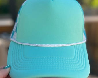 Light Turquoise Checkered Mesh Trucker Hat, Blank Trucker, Foam Cap, Foam Trucker
