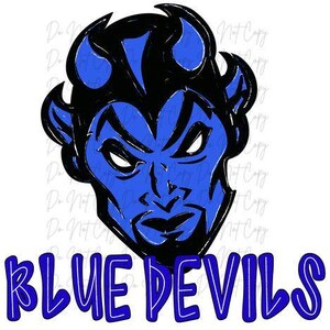 May include: A blue devil face with black accents and white eyes. The image includes the words "BLUE DEVILS" in blue and white lettering. The devil has horns and an angry expression. The image is on a white background.