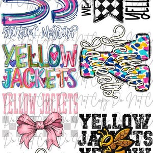 May include: A digital collage of various designs featuring the text "Yellow Jackets". The designs include a bee mascot, a pink bow, and a checkered pattern. The text "We are Yellow Jackets" is also included.