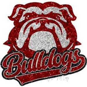 May include: A glittery red and silver bulldog head graphic with the word "Bulldogs" in a matching glittery red script. The design is suitable for apparel and accessories.