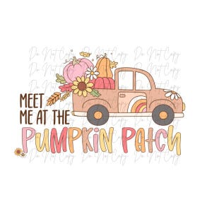 May include: A fall-themed graphic featuring a vintage-style truck carrying pumpkins, sunflowers, and wheat. The truck is peach-colored with a rainbow on the side. Text reads "Meet Me at the Pumpkin Patch" in a playful font, perfect for autumn.